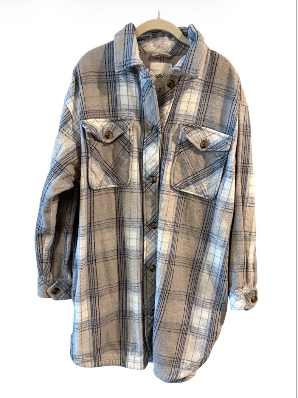 Aerie Plaid Flannel Shacket Jacket Blue Cream Oversized Women’s Large